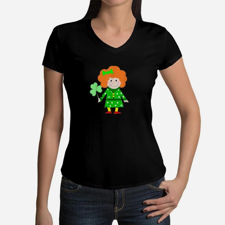 Irish Girl Holding A Shamrock For St Patricks Day Women V-Neck T-Shirt