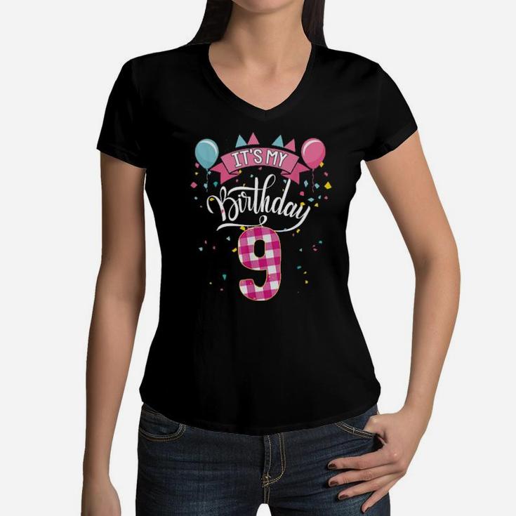 It's My 9Th Birthday 9 Year Old For Girl Women V-Neck T-Shirt