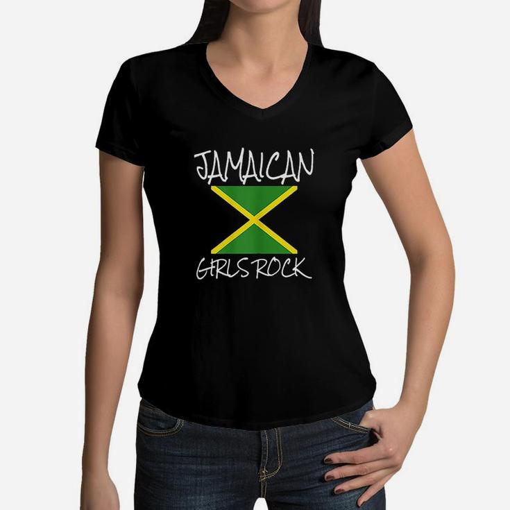 Jamaican Girls Rock Jamaican Queen Girl Pride Flag Jamaican Women V-Neck T-Shirt