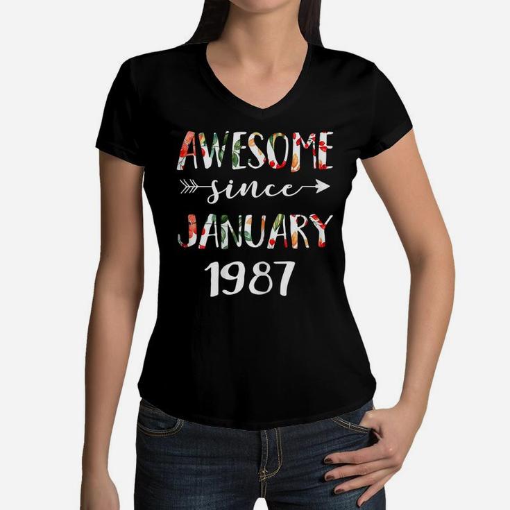 January Girls 1987 Birthday Gift 34 Years Awesome Since 1987 Women V-Neck T-Shirt