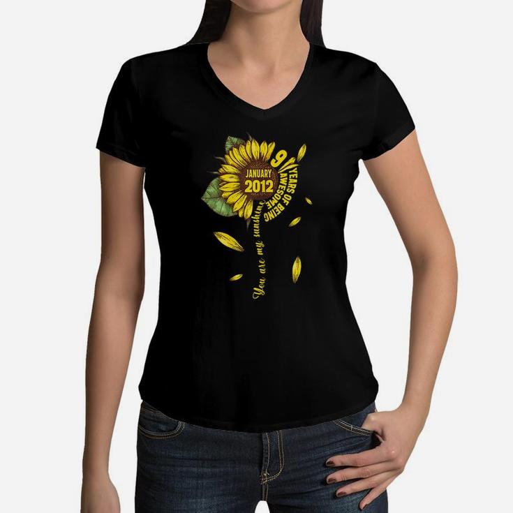 January Girls 2012 Sunflower Gift 9 Years Old Made In 2012 Women V-Neck T-Shirt