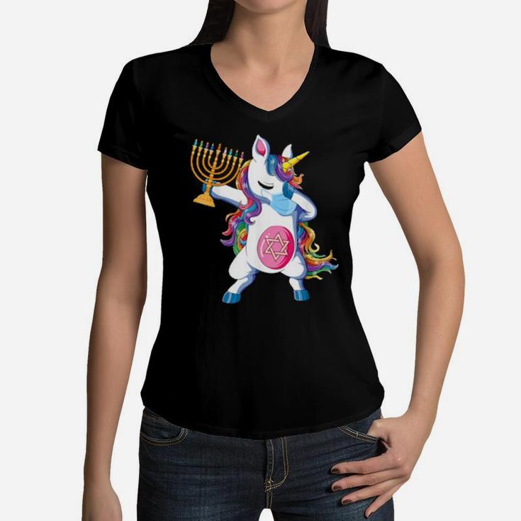 Jewnicorn Hanukkah Unicorn Girl Women V-Neck T-Shirt