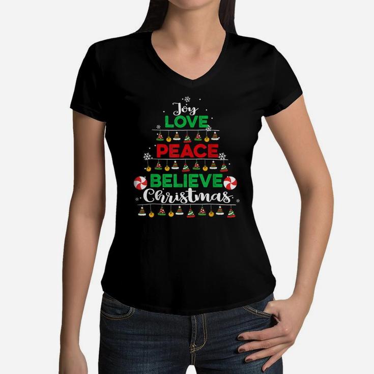Joy Love Peace Believe Christmas Boys Kids Girls Xmas Tree Women V-Neck T-Shirt