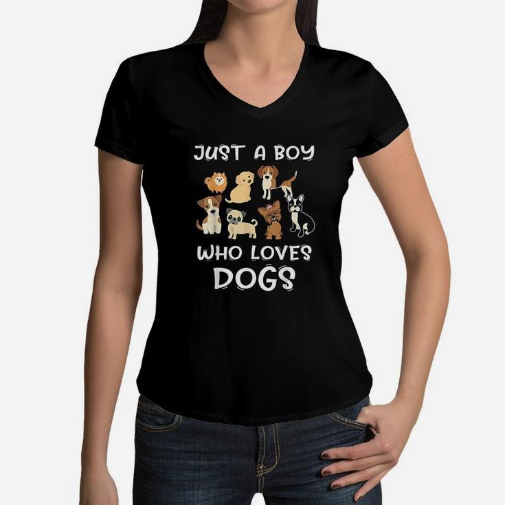 Just A Boy Who Loves Dogs Women V-Neck T-Shirt