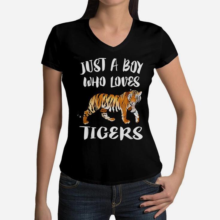 Just A Boy Who Loves Tigers  Tiger Animal Lover Gift Women V-Neck T-Shirt