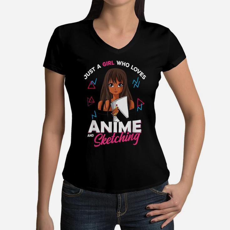 Just A Girl Who Loves Anime And Sketching Anime Lover Gift Women V-Neck T-Shirt