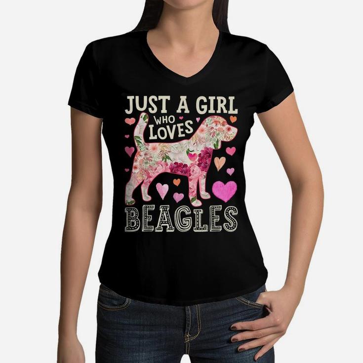 Just A Girl Who Loves Beagles Dog Silhouette Flower Gifts Women V-Neck T-Shirt