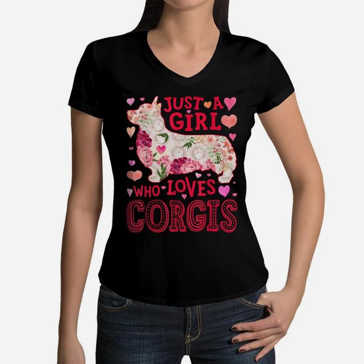 Just A Girl Who Loves Corgis Dog Silhouette Flower Floral Women V-Neck T-Shirt