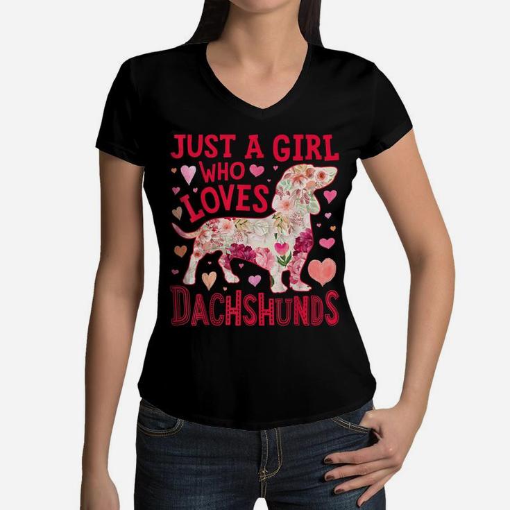 Just A Girl Who Loves Dachshunds Dog Silhouette Flower Gifts Women V-Neck T-Shirt
