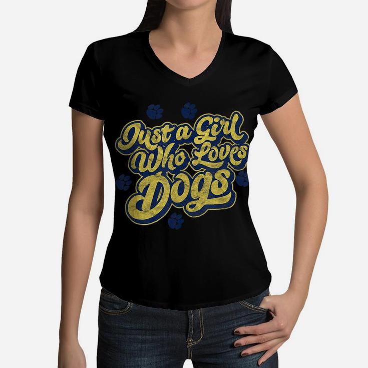 Just A Girl Who Loves Dogs Retro Typography Pet Graphic Women V-Neck T-Shirt