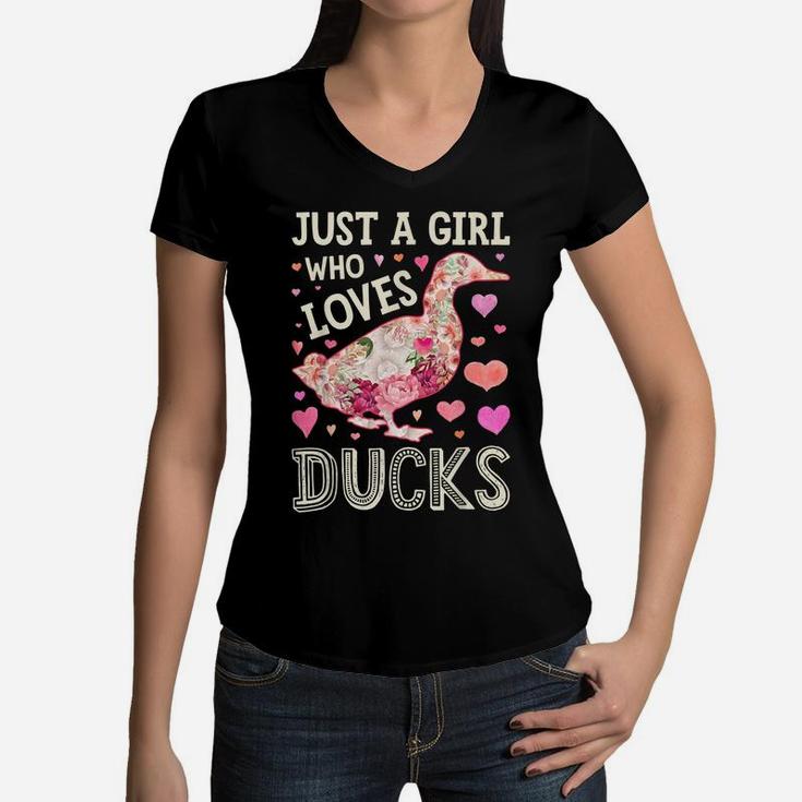 Just A Girl Who Loves Ducks Funny Duck Silhouette Flower Women V-Neck T-Shirt