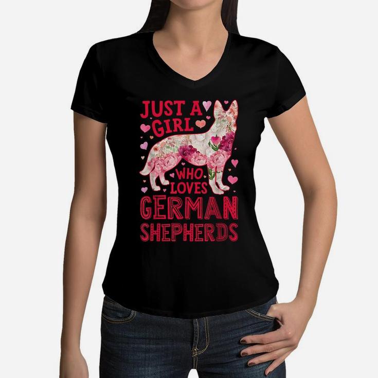Just A Girl Who Loves German Shepherds Dog Silhouette Flower Women V-Neck T-Shirt