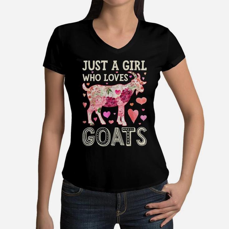 Just A Girl Who Loves Goats Funny Goat Silhouette Flower Women V-Neck T-Shirt