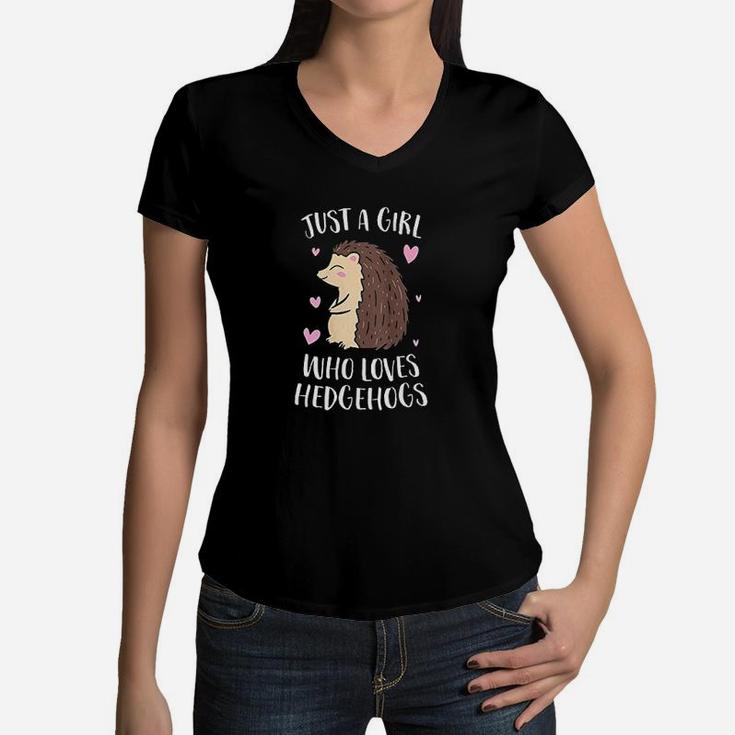 Just A Girl Who Loves Hedgehogs Cute Hedgehog Girl Women V-Neck T-Shirt
