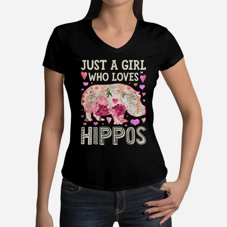 Just A Girl Who Loves Hippos Hippo Hippopotamus Women Flower Women V-Neck T-Shirt