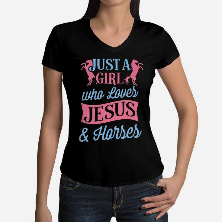 Just A Girl Who Loves Jesus And Horses Christmas Gift Women V-Neck T-Shirt
