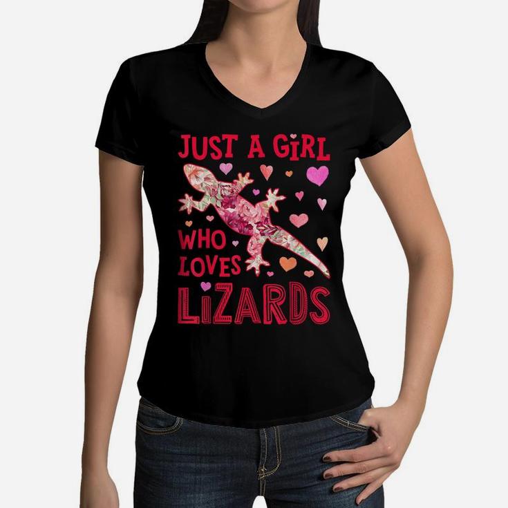 Just A Girl Who Loves Lizards Lizard Flower Gift Gecko Lover Women V-Neck T-Shirt