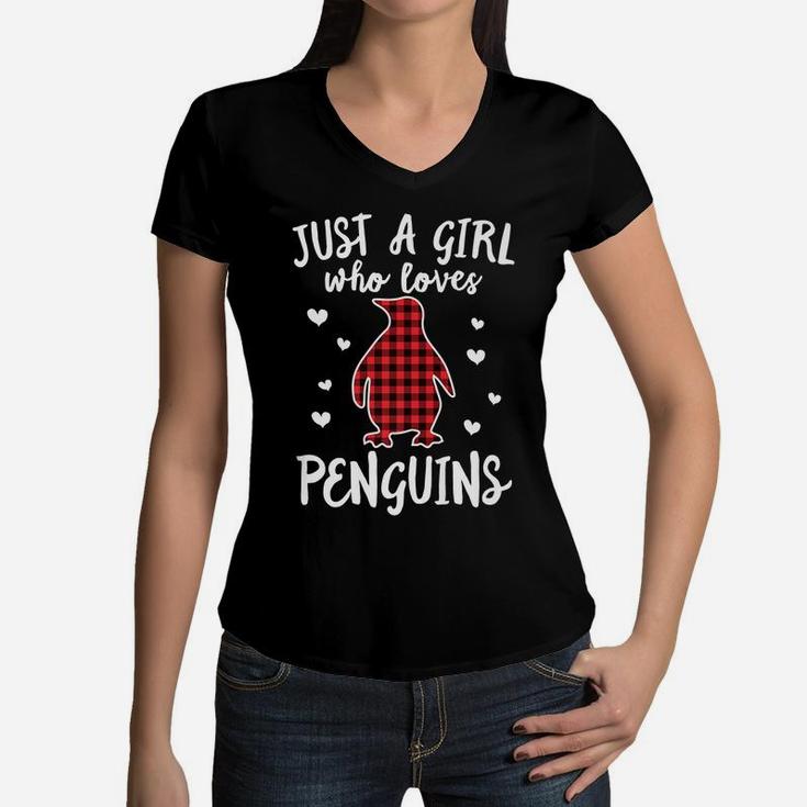 Just A Girl Who Loves Penguins Buffalo Plaid Christmas Gift Women V-Neck T-Shirt
