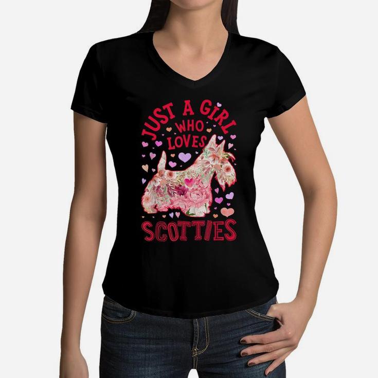 Just A Girl Who Loves Scotties Scottish Terrier Dog Flower Women V-Neck T-Shirt