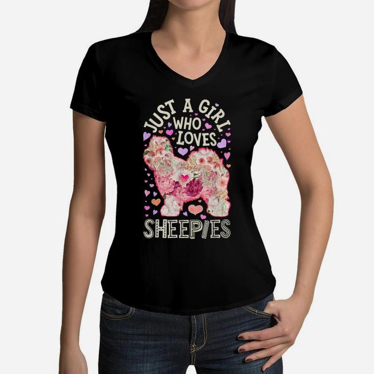 Just A Girl Who Loves Sheepies Old English Sheepdog Flower Women V-Neck T-Shirt