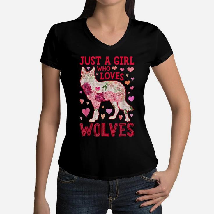 Just A Girl Who Loves Wolves Funny Wolf Silhouette Flower Women V-Neck T-Shirt