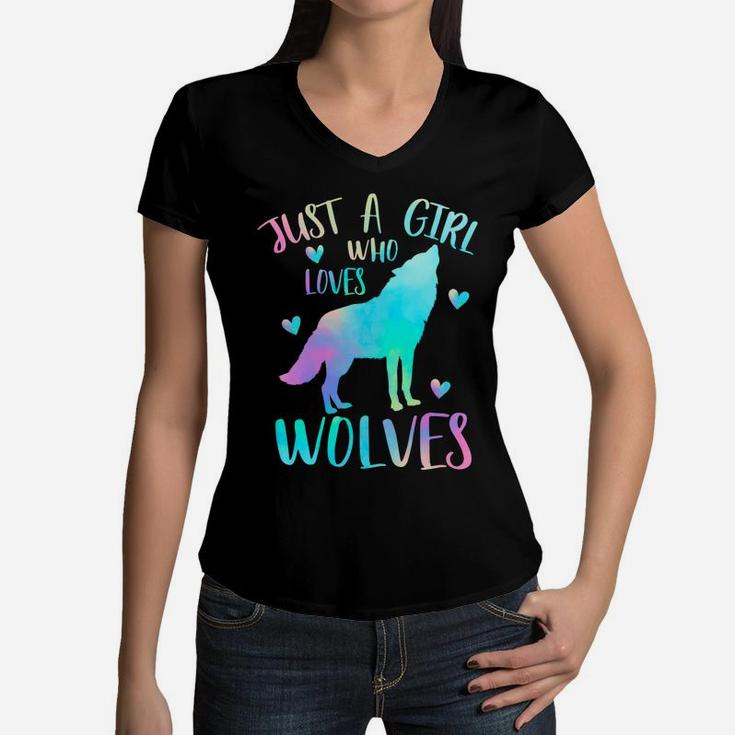 Just A Girl Who Loves Wolves Watercolor Cute Wolf Lover Gift Women V-Neck T-Shirt