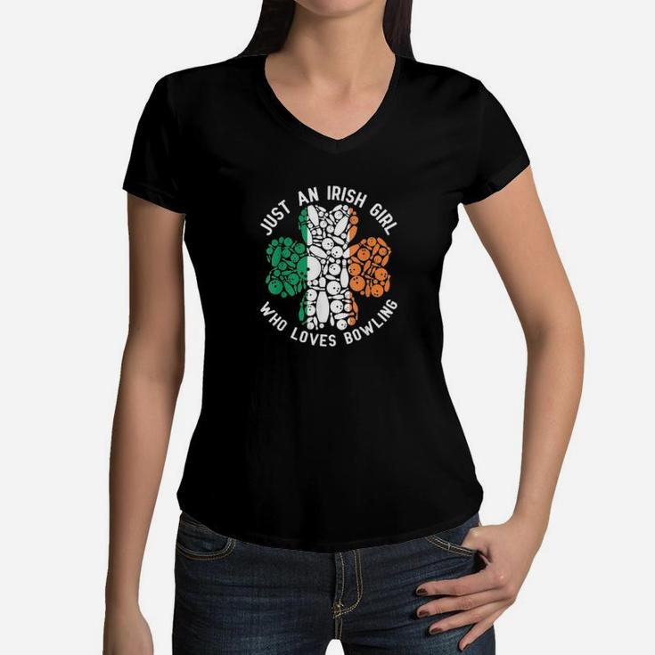 Just An Irish Girl Loves Bowling Shamrock St Patrick Women V-Neck T-Shirt