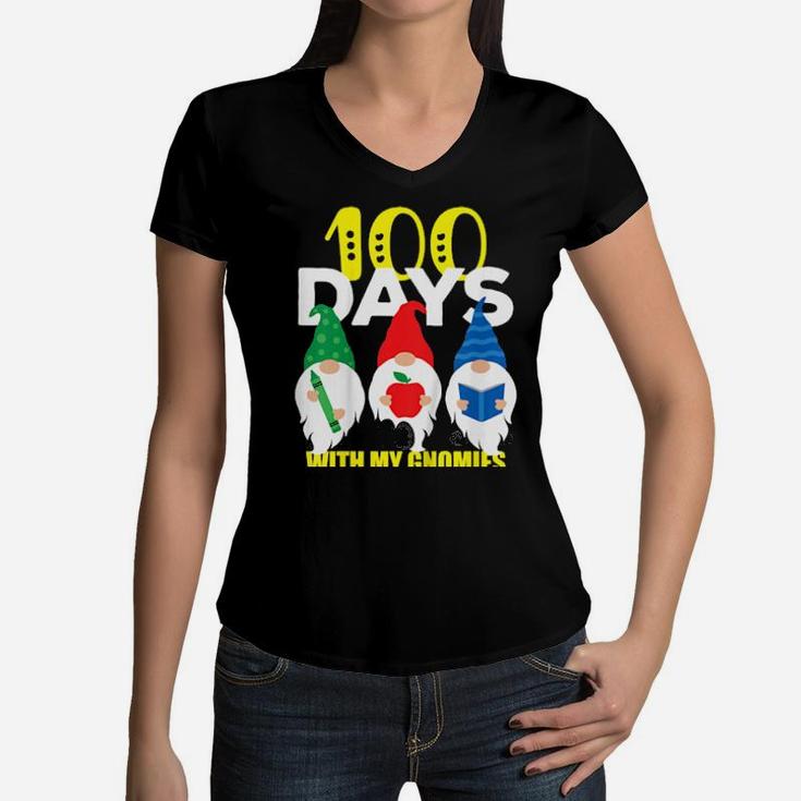 Kids 100Th Day Of School 100 Days With My Gnomies Boys Girls Women V-Neck T-Shirt