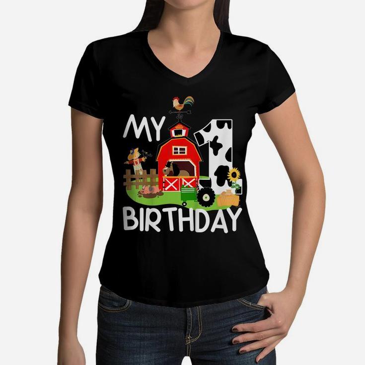 Kids 1St Birthday Shirt Farm Tractor Pig Horse Cow Chicken Cat Women V-Neck T-Shirt