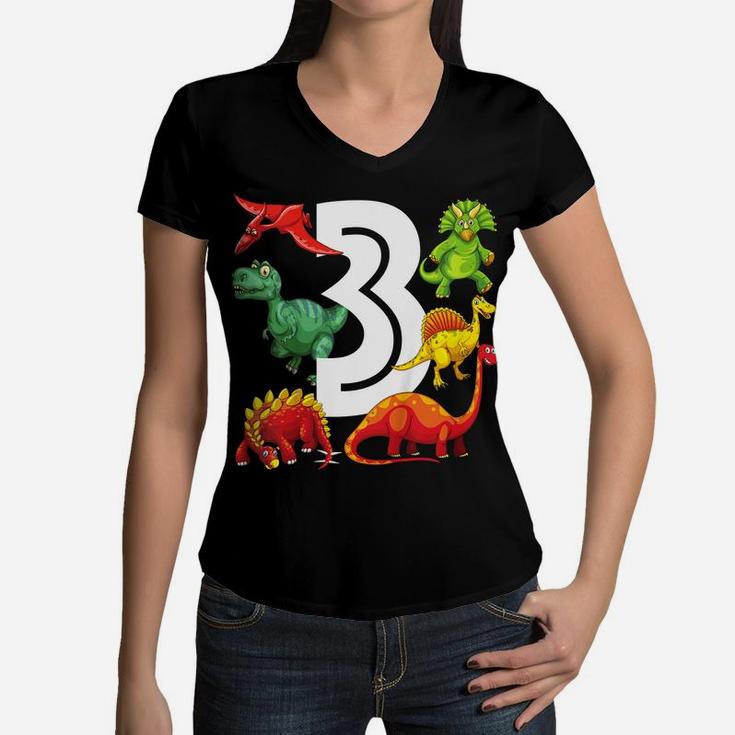 Kids 3 Year Old Dinosaur Birthday Party Dino Theme Boys 3Rd Gift Women V-Neck T-Shirt
