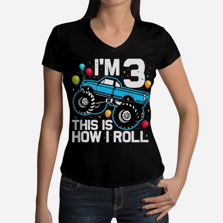 Kids 3 Year Old Shirt 3Rd Birthday Boy Monster Truck Car Women V-Neck T-Shirt