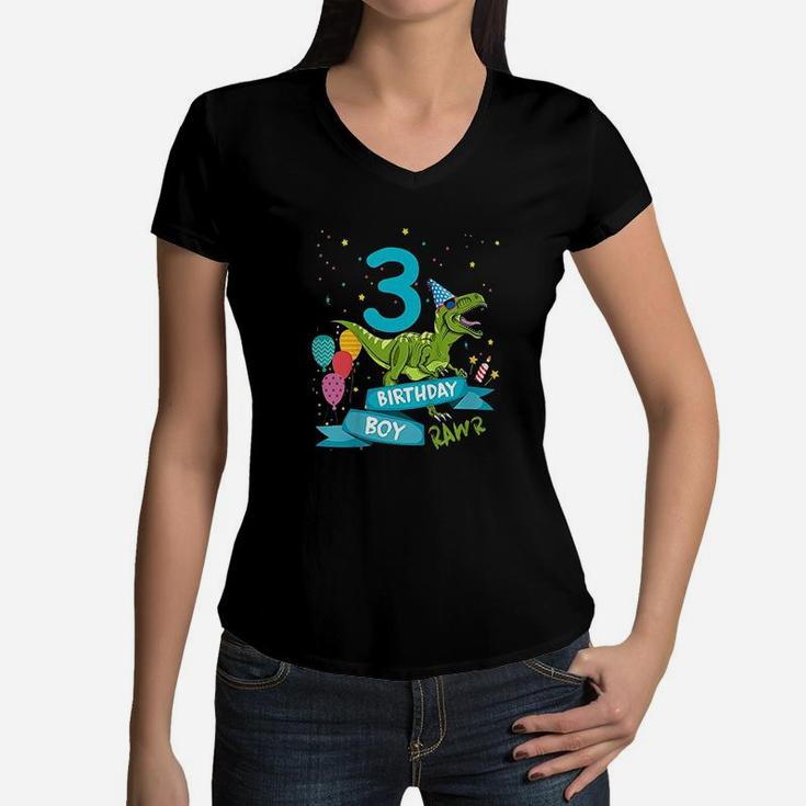 Kids 3Rd Birthday Boy Party  Dinosaur Women V-Neck T-Shirt