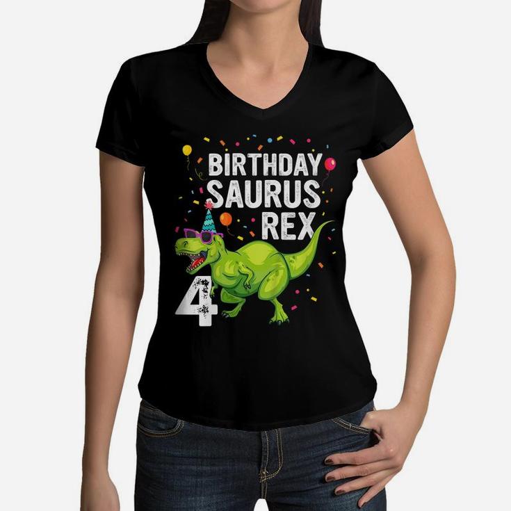 Kids 4 Year Old Birthday Boy Girl Dinosaur T Rex Family Matching Women V-Neck T-Shirt