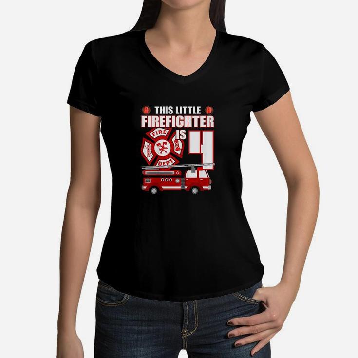 Kids 4 Year Old Firefighter Birthday Party Fire Truck 4Th Gift Women V-Neck T-Shirt