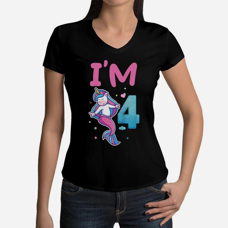 Kids 4Th Birthday Unicorn Mermaid Mermicorn Colorful Design Women V-Neck T-Shirt