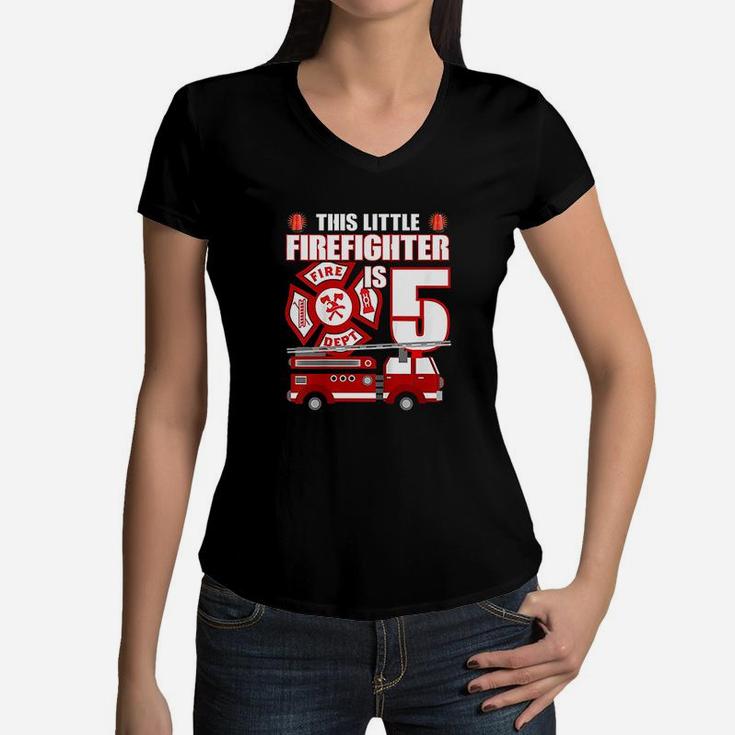 Kids 5 Year Old Firefighter Birthday Party Fire Truck 5Th Gift Women V-Neck T-Shirt