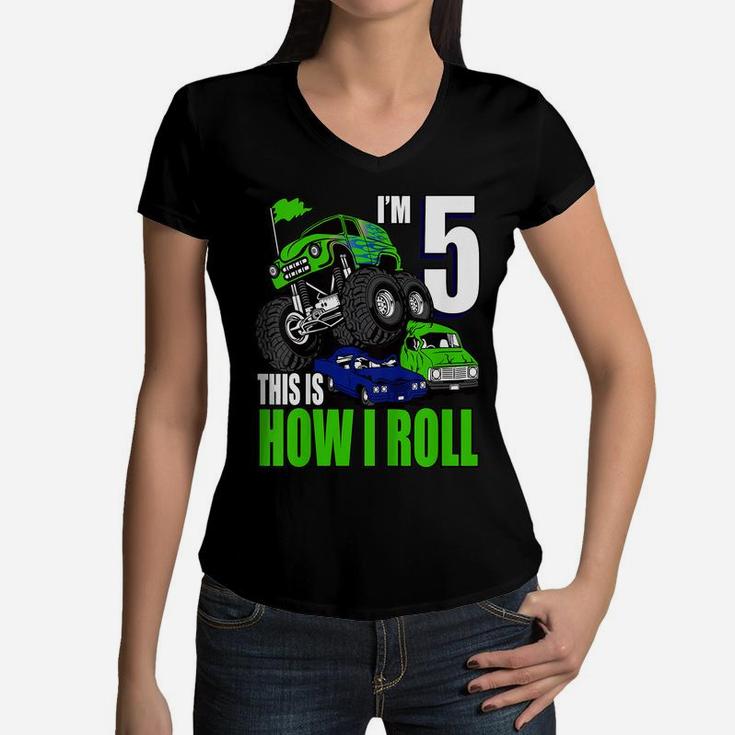 Kids 5 Years Old 5Th Birthday Monster Trucks Boys Women V-Neck T-Shirt