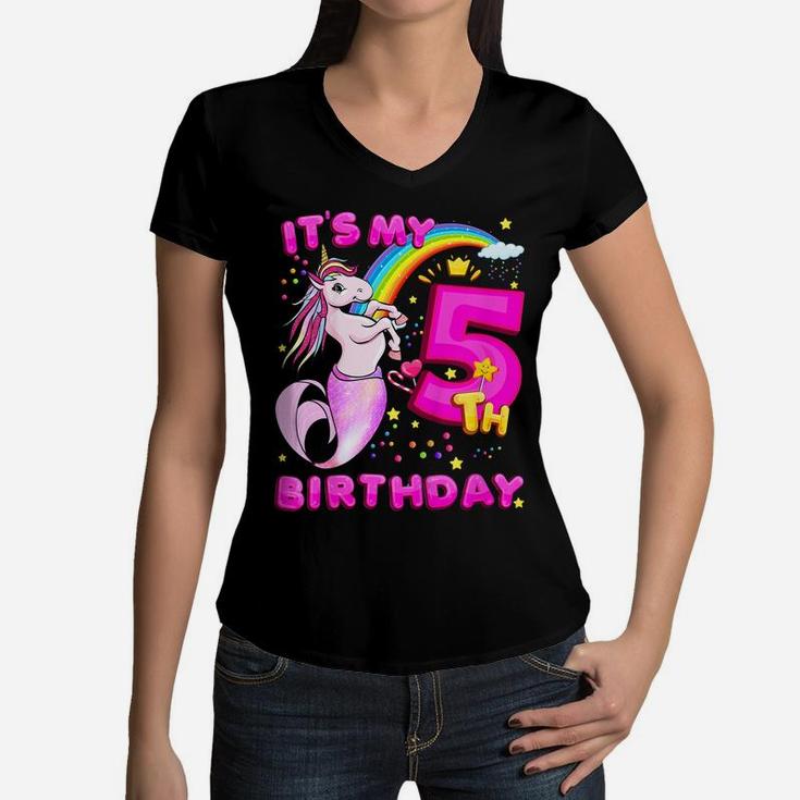 Kids 5Th Birthday Unicorn Mermicorn Daughter Mermaid Gift Women V-Neck T-Shirt