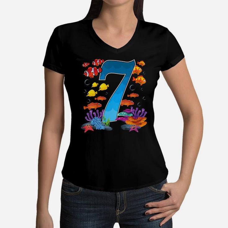 Kids 7 Year Old Under The Sea Birthday Ocean Fish Theme 7Th Gift Women V-Neck T-Shirt