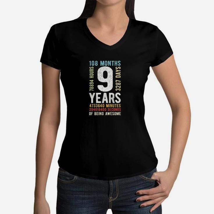Kids 9Th Birthday 9 Years Old Vintage Retro 108 Months Women V-Neck T-Shirt
