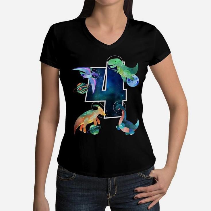 Kids Astronaut Outer Space Dinosaurs 4Th Birthday Boy Gift Women V-Neck T-Shirt