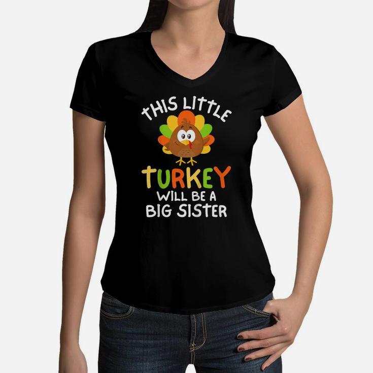 Kids Big Sister Turkey Thanksgiving Pregnancy Announcement Girls Women V-Neck T-Shirt