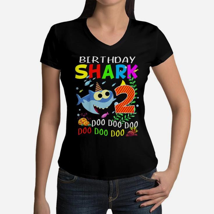 Kids Birthday Shark 2 Years Old Boys And Girls 2Nd Birthday Gift Women V-Neck T-Shirt