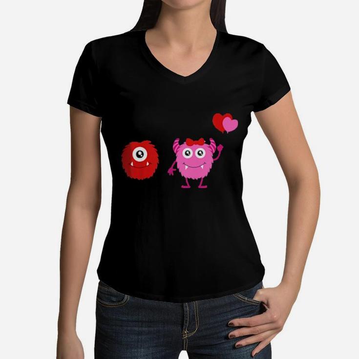 Kids Boys And Girls Valentines Day Monsters With Heart Balloons Women V-Neck T-Shirt
