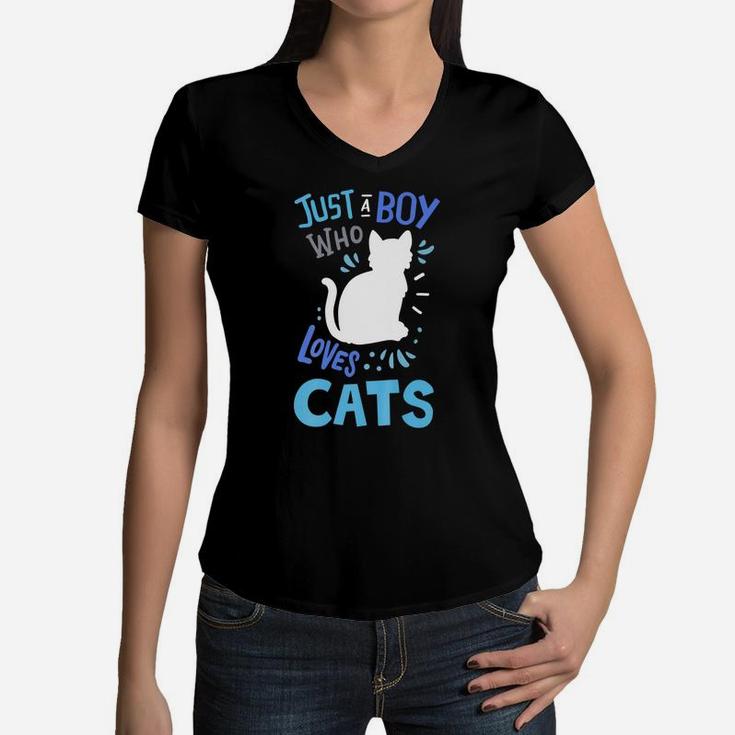 Kids Cat Just A Boy Who Loves Cats Gift For Cat Lovers Women V-Neck T-Shirt