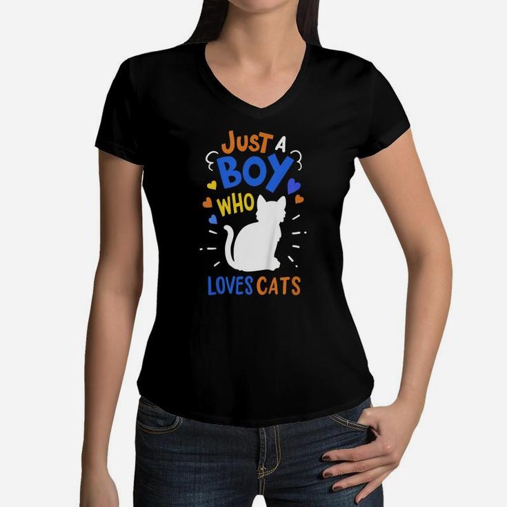 Kids Cat Just A Boy Who Loves Cats Gift For Cat Lovers Women V-Neck T-Shirt