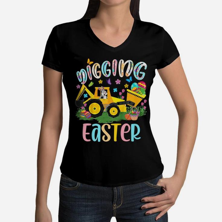 Kids Digging Easter Bunny Driving Tractor Excavator Eggs Hunting Women V-Neck T-Shirt