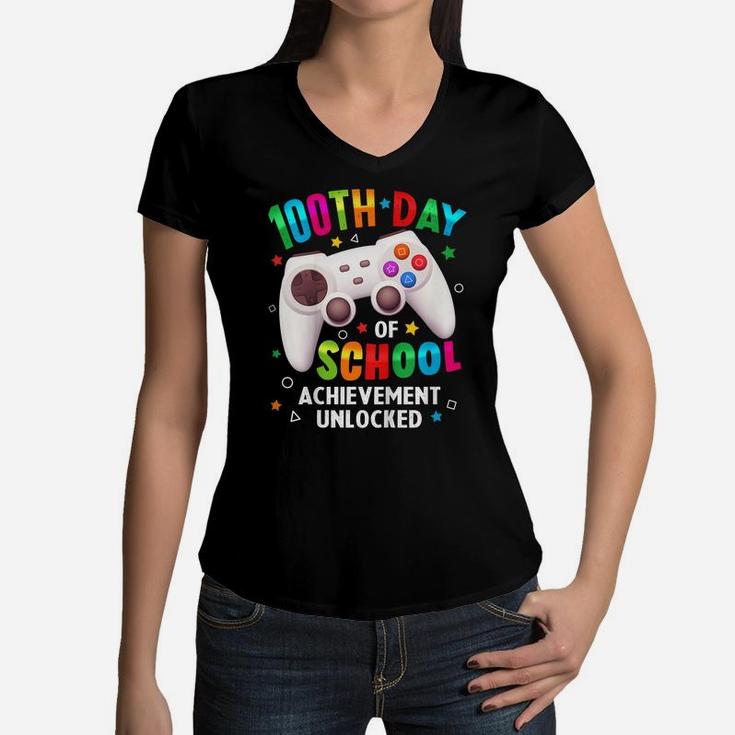 Kids Happy 100Th Day Of School  For Kids Video Games Gift Women V-Neck T-Shirt
