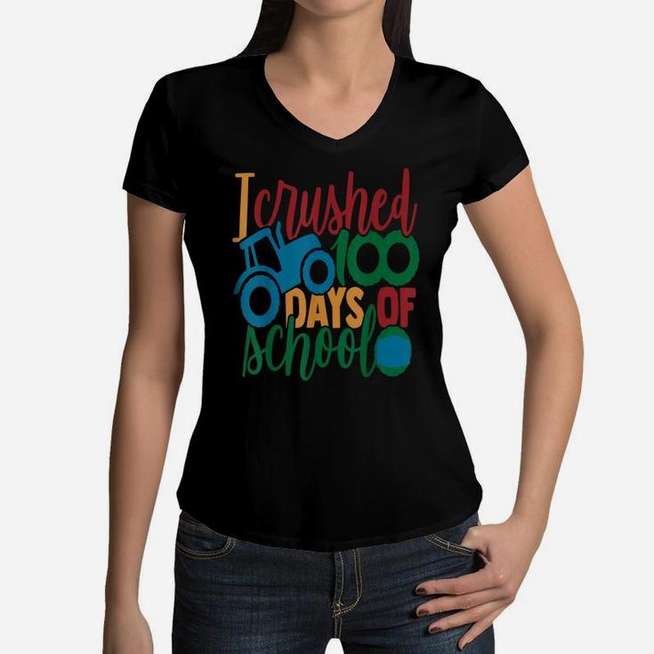 Kids I Crushed 100 Days Of School Tshirt Boys Monster Truck Women V-Neck T-Shirt
