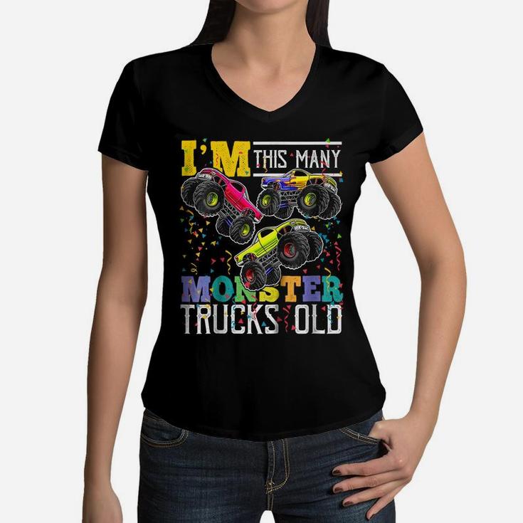 Kids I'm This Many Monster Trucks Old 3Rd Birthday Shirt Boy Gift Women V-Neck T-Shirt